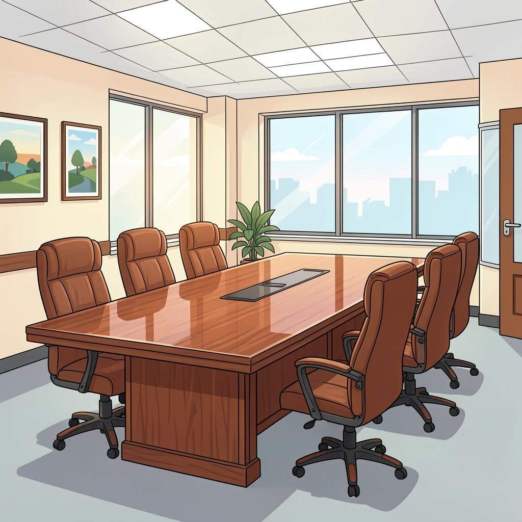 A modern professional office with a large wooden table and leather chairs, representing a law firm.