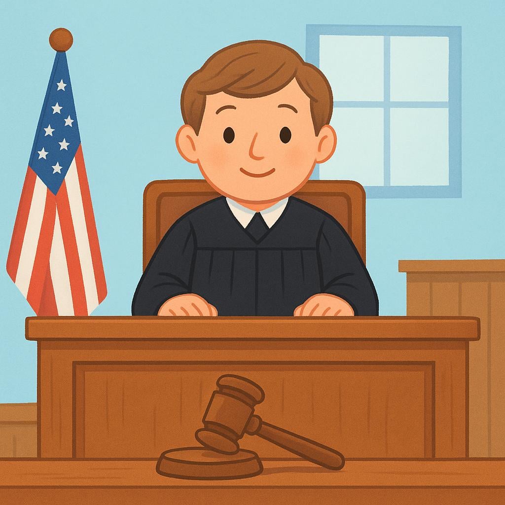 A simplified illustration of a judge sitting behind a high wooden bench in a courtroom, representing a legal hearing.
