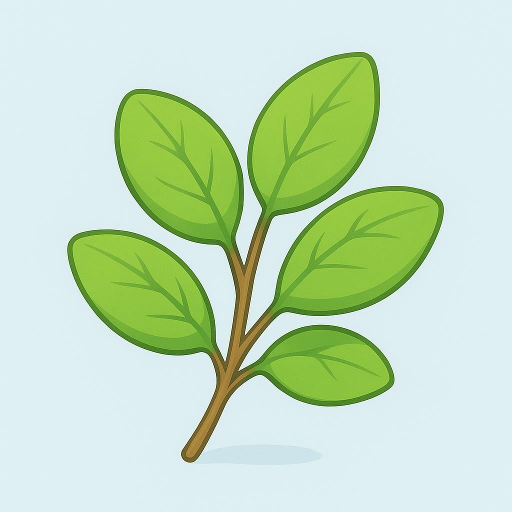 A small cluster of bright green, oval-shaped leaves on a thin stem, representing the coca plant.