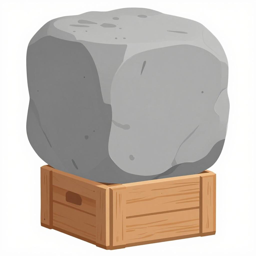 A heavy stone block resting on top of a smaller, flattened wooden crate.