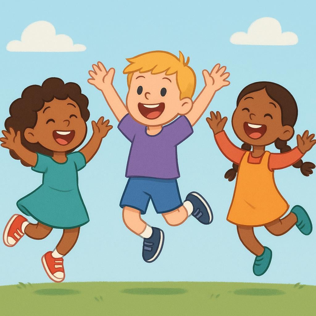 A group of three cartoon children jumping excitedly and cheering with wide smiles and raised hands, depicting a future state of happiness.