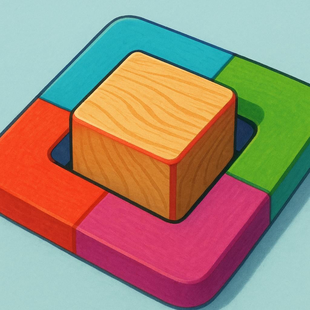 A wooden square block fitting perfectly into a matching square hole on a toy board.