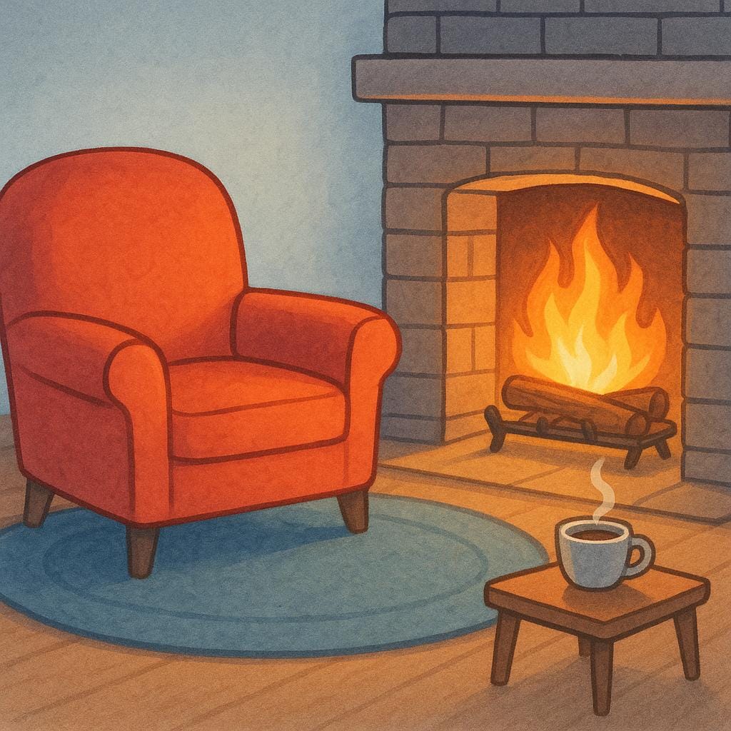 Una semplice e accogliente illustrazione in stile libro di fiabe di una scena interna che presenta una poltrona morbida accanto a un camino scoppiettante, che proietta un caldo bagliore arancione nella stanza, raffigurando un'atmosfera rilassata.