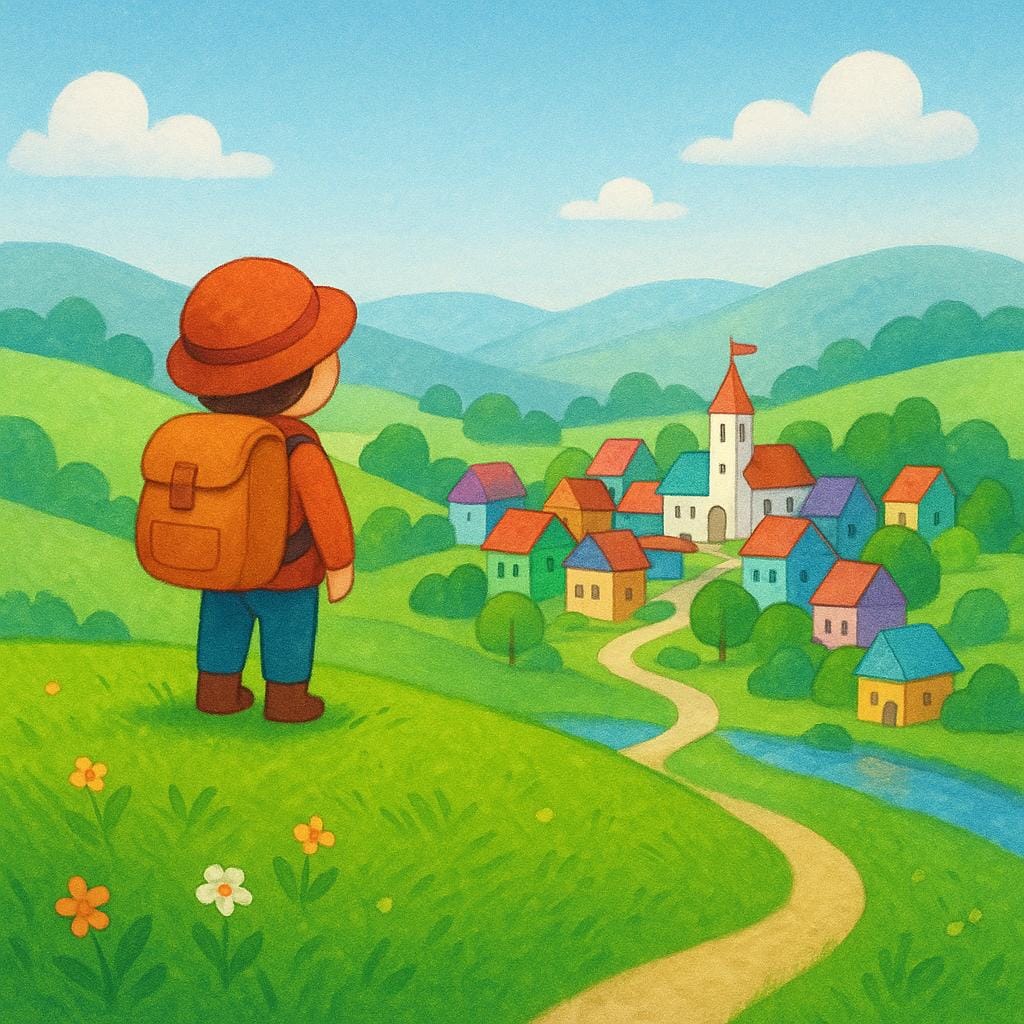 A small figure of a hiker standing on a lush green hill overlooking a quaint, colorful village in the distance, showing the final destination reached.