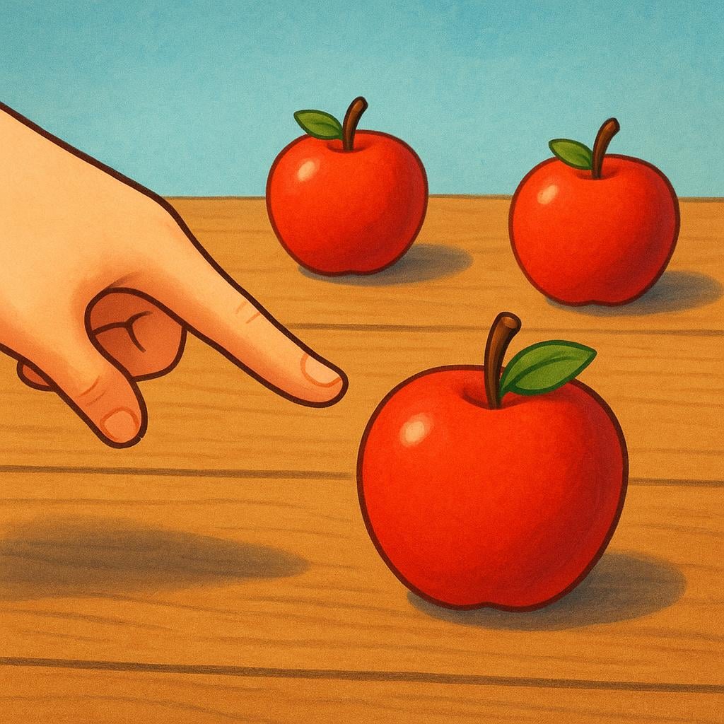 A close-up of a hand pointing directly at one specific red apple that is nearest to the viewer, indicating selection over two identical apples placed slightly further away.