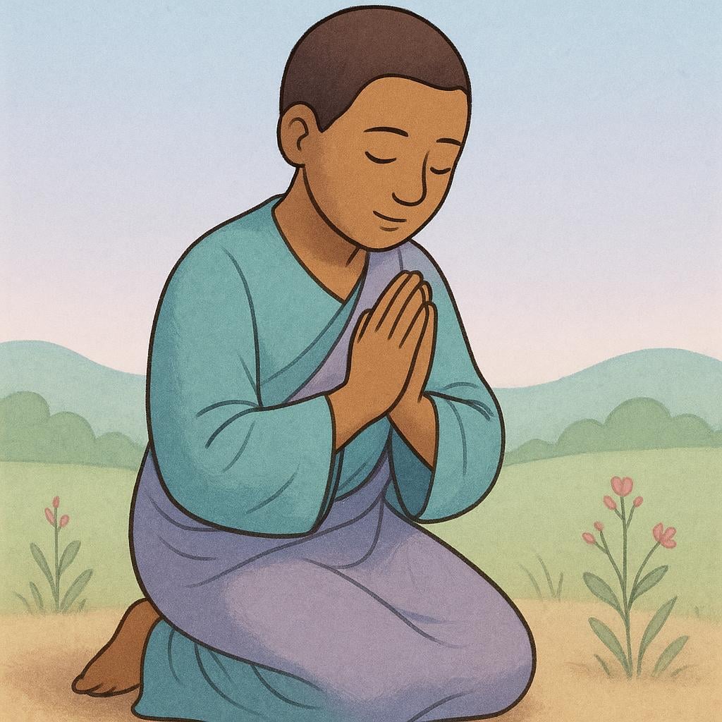 A solitary person kneeling on the ground with their hands pressed together and eyes closed in a gesture of deep reverence and prayer.