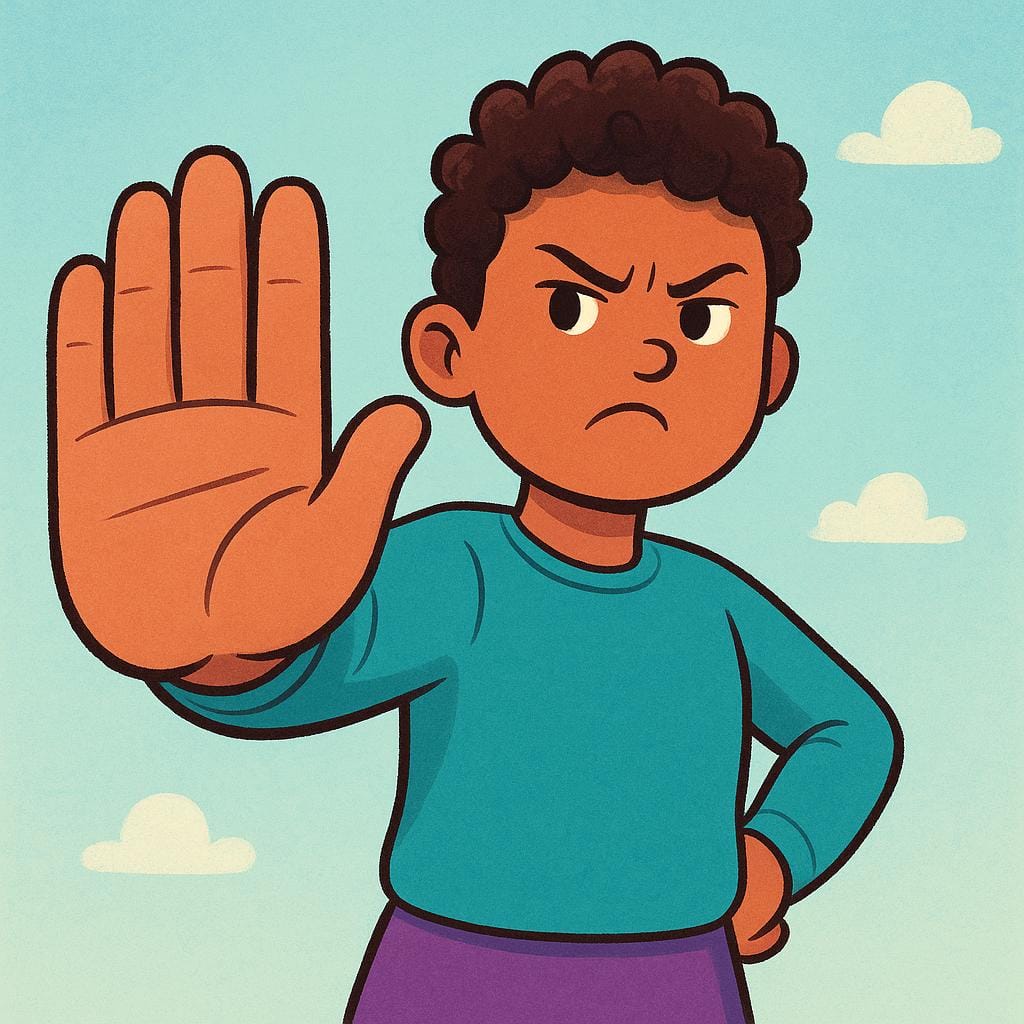 A high quality storybook illustration of a character vehemently holding up a hand with an open palm, signaling a firm stop or refusal.