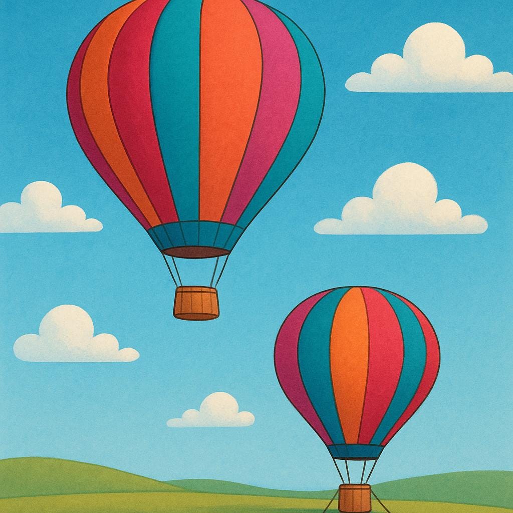 Una mongolfiera dai colori vivaci che vola in alto nel cielo azzurro, chiaramente posizionata molto al di sopra di una mongolfiera molto più piccola e a terra.