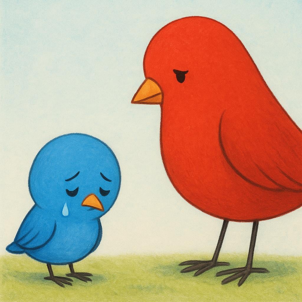 A storybook illustration showing a small blue bird looking sad and hurt with a teardrop forming, illustrating hurt feelings caused by another larger bird nearby.