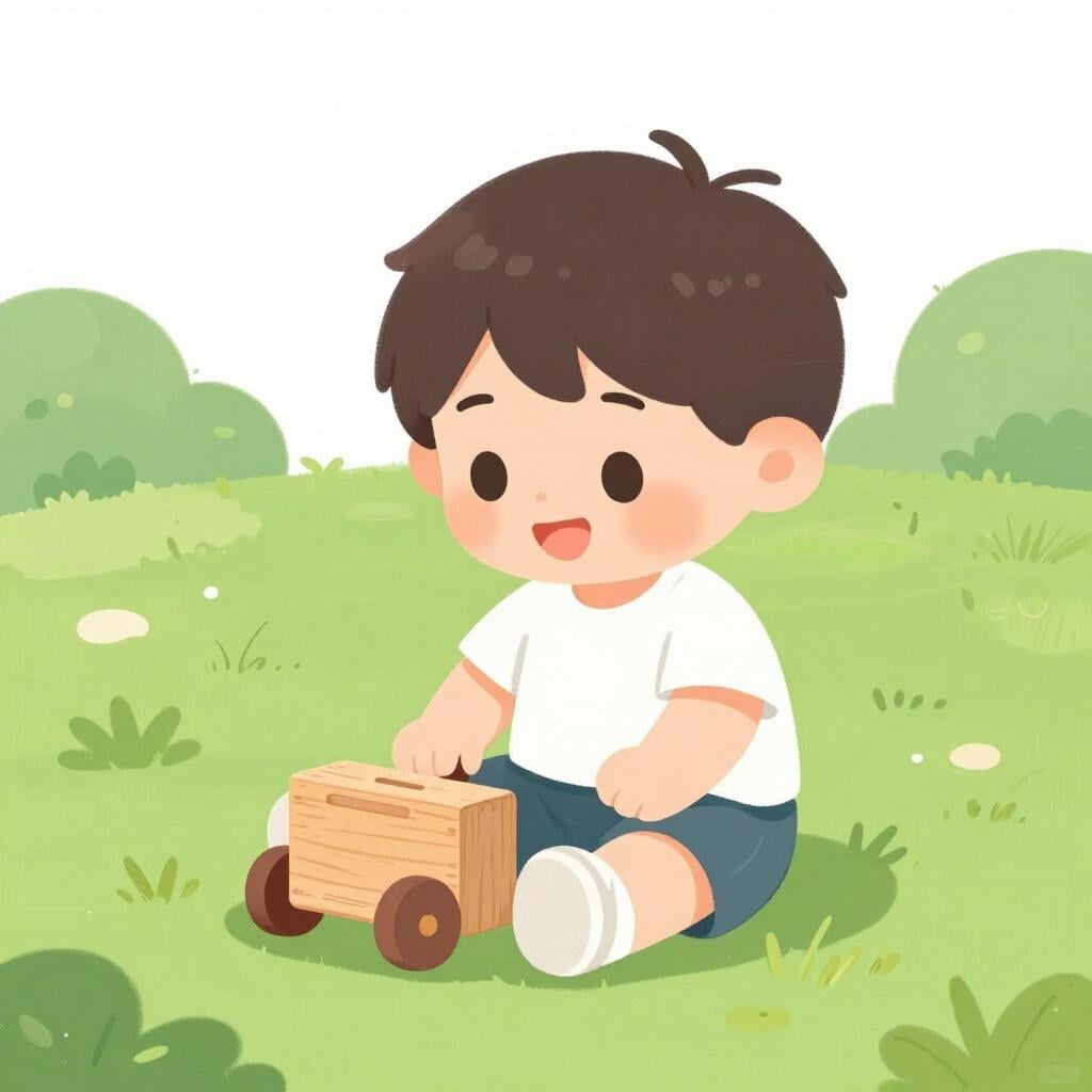 A happy young child playing with a small wooden toy boat on a green lawn.