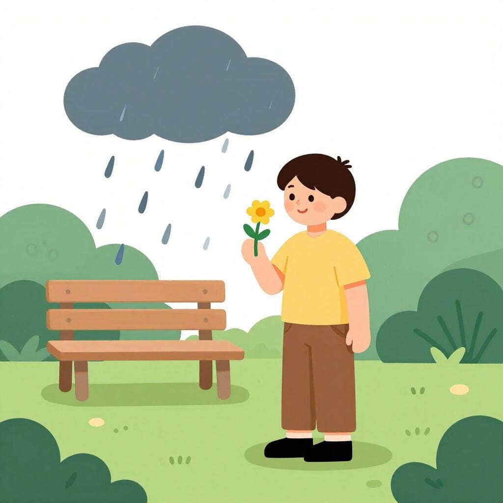 A person happily smelling a flower while a small rain cloud pours water only a few feet behind them.