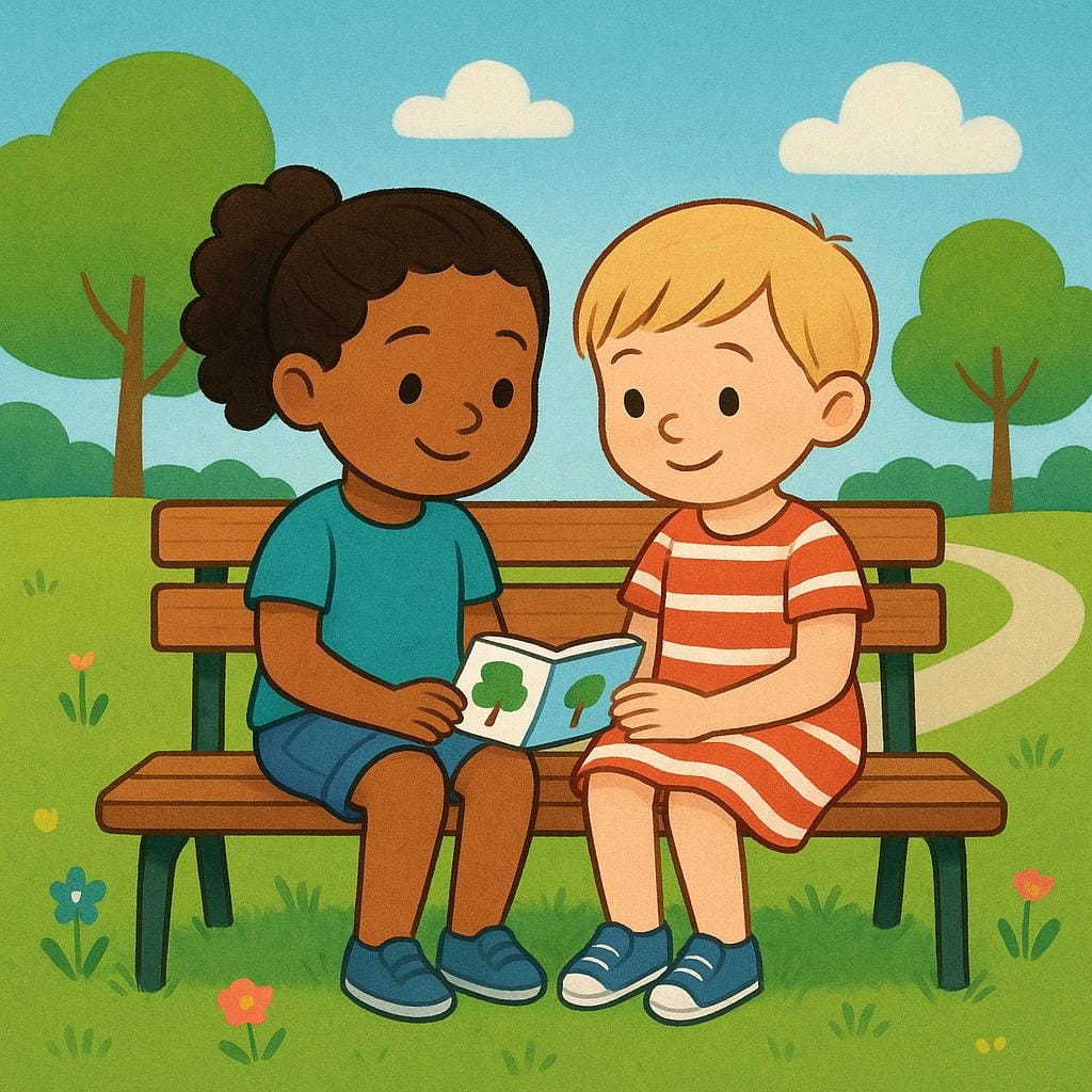 Een eenvoudige kinderboekillustratie met twee lachende kinderen die naast elkaar op een houten parkbankje in een zonnig park zitten.