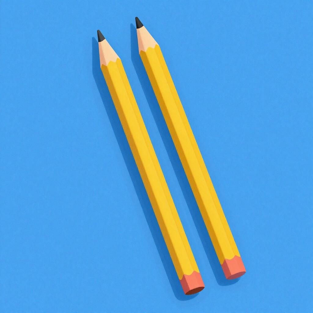 Twee felgele potloden naast elkaar op een blauwe achtergrond, perfect uitgelijnd en elkaar nooit rakend.