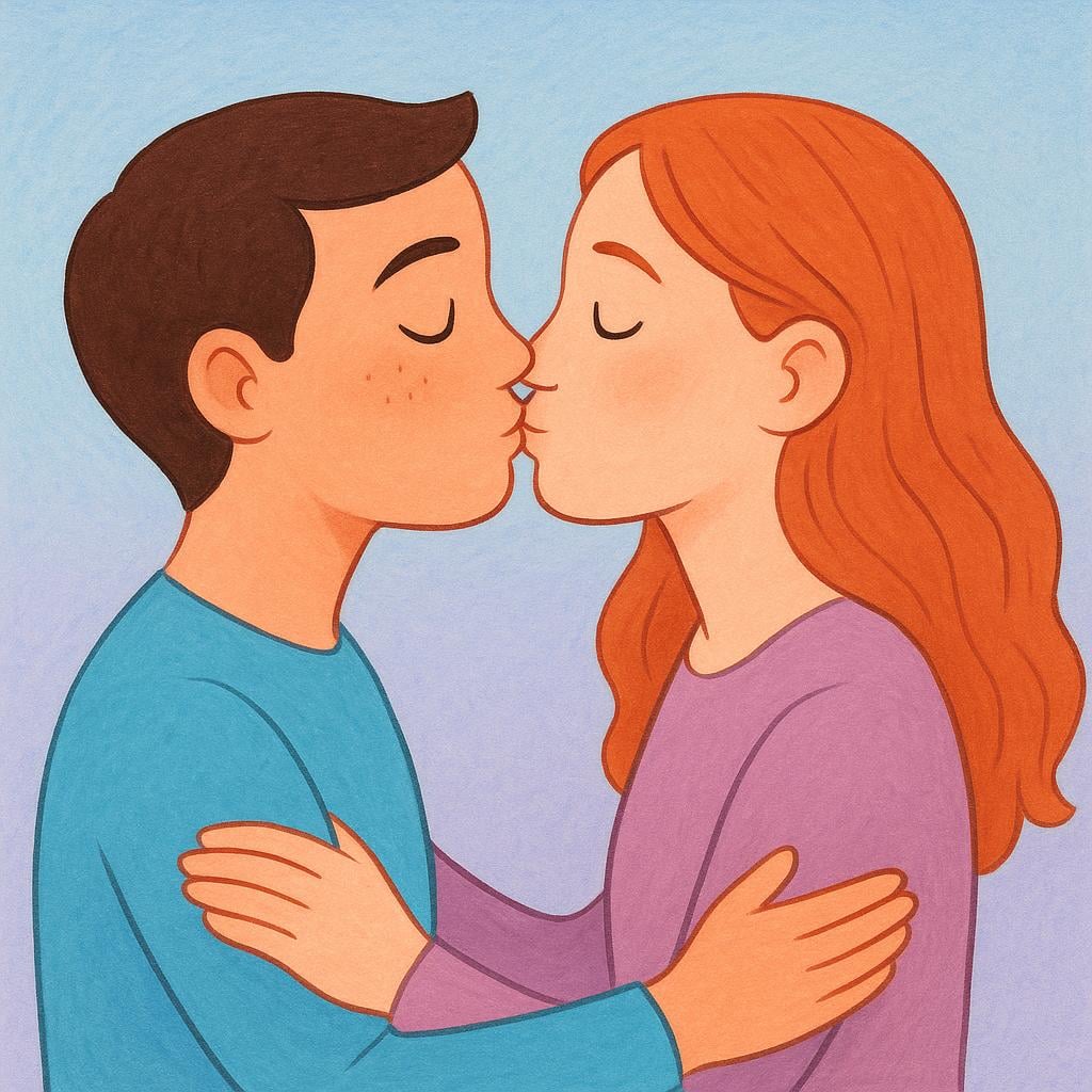 A simple, colorful illustration depicting two stylized figures leaning towards each other, lips meeting in a kiss.