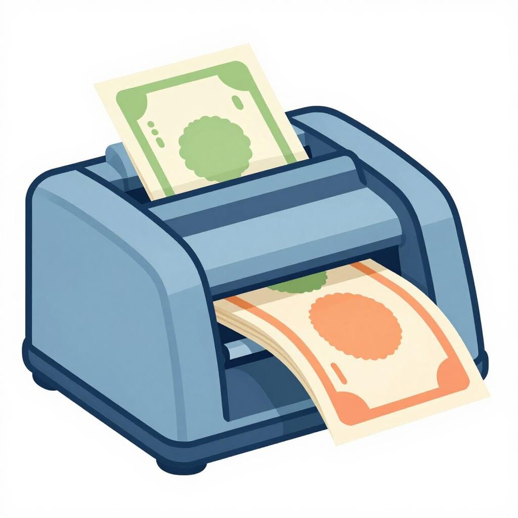 Een kleurrijke illustratie van een drukpers die verse, scherpe bankbiljetten produceert die in een nette stapel glijden.