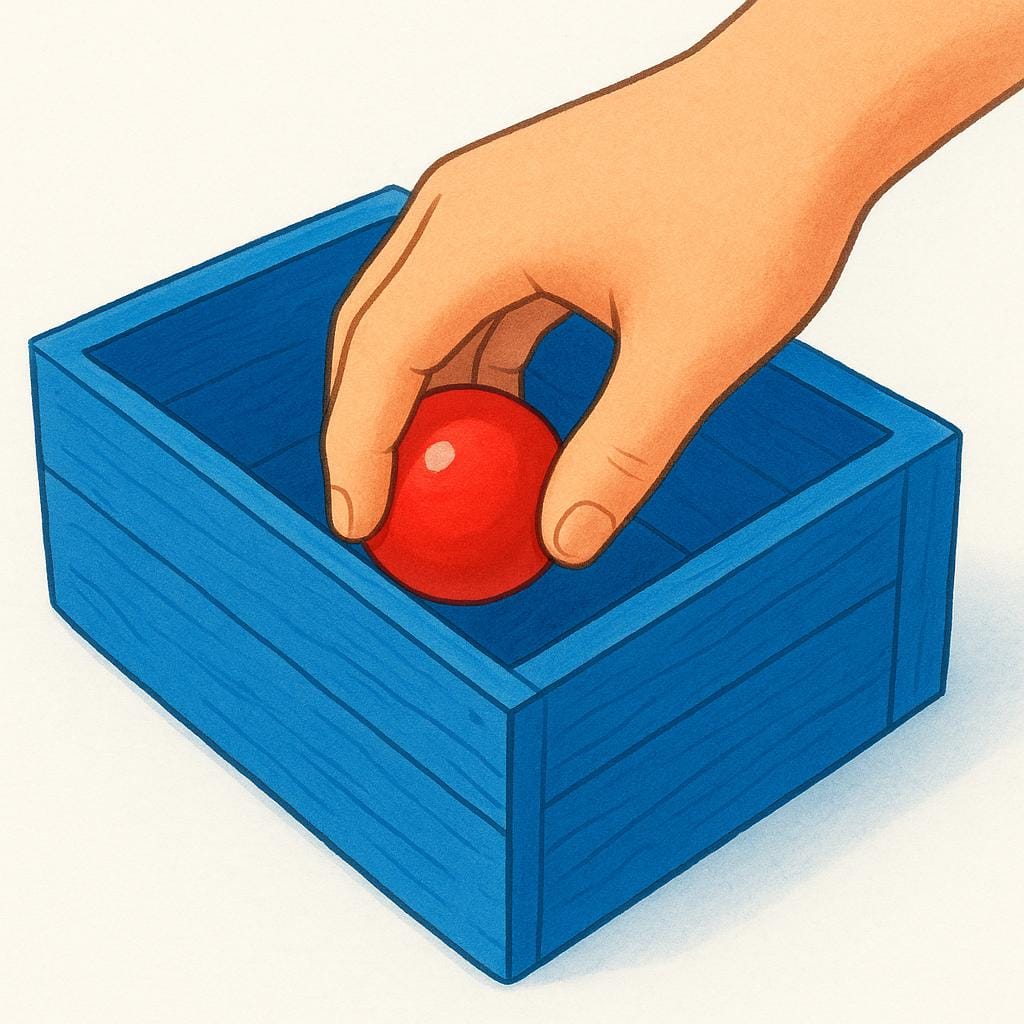 Uma ilustração em close-up de uma mão alcançando uma caixa de madeira azul e puxando uma pequena bola vermelha completamente para fora.