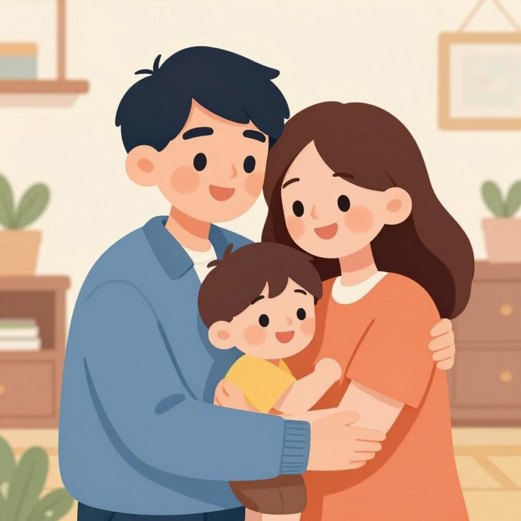 A smiling adult couple kneeling down to give a warm hug to a happy young child in a cozy living room.