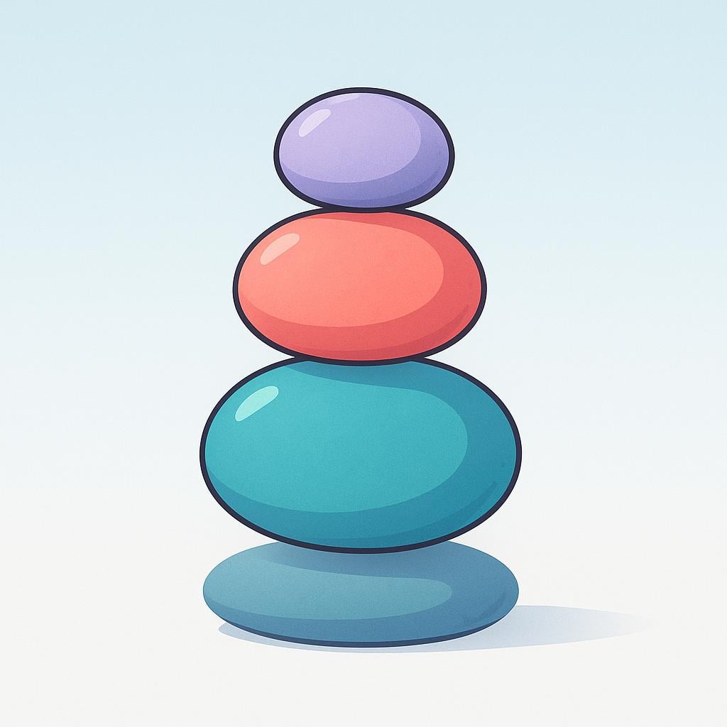 A tall stack of three smooth, colorful stones perfectly balanced on top of each other.