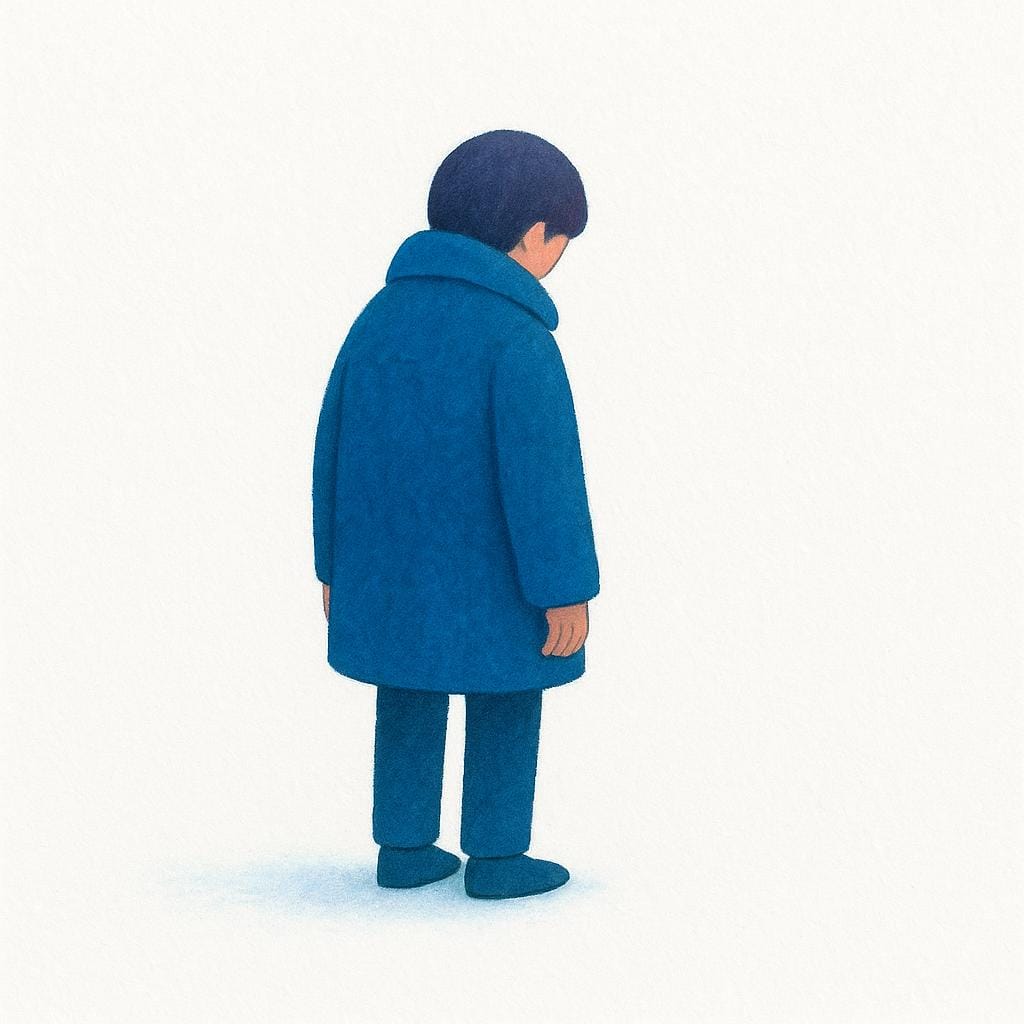 A solitary figure wearing a heavy blue coat, standing with their back mostly turned in a stark white environment, conveying emotional distance and reserve.