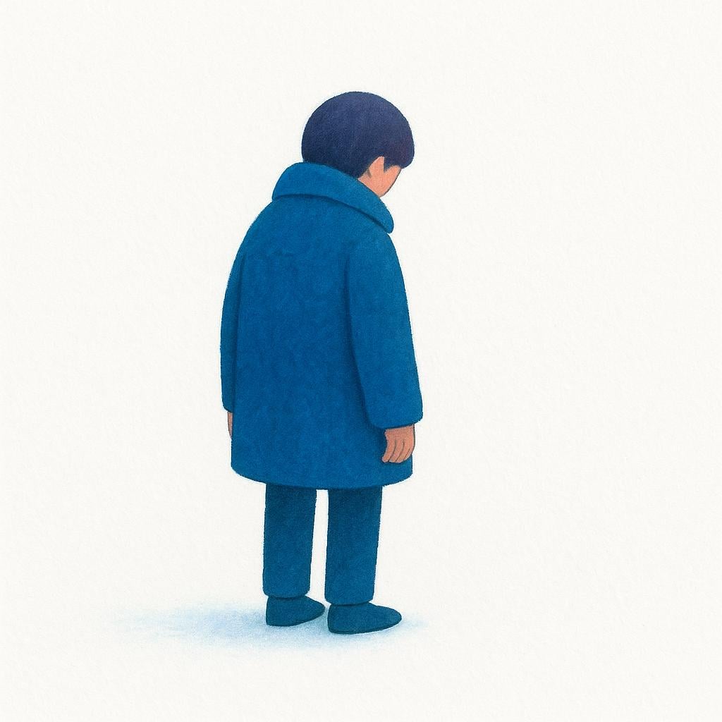 A solitary figure wearing a heavy blue coat, standing with their back mostly turned in a stark white environment, conveying emotional distance and reserve.