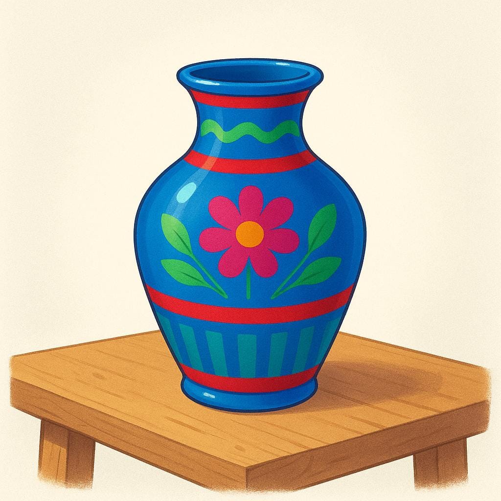 A perfectly formed, smooth, and brightly painted ceramic vase sitting on a workbench, symbolizing the result or 'ending up' in a specific state.