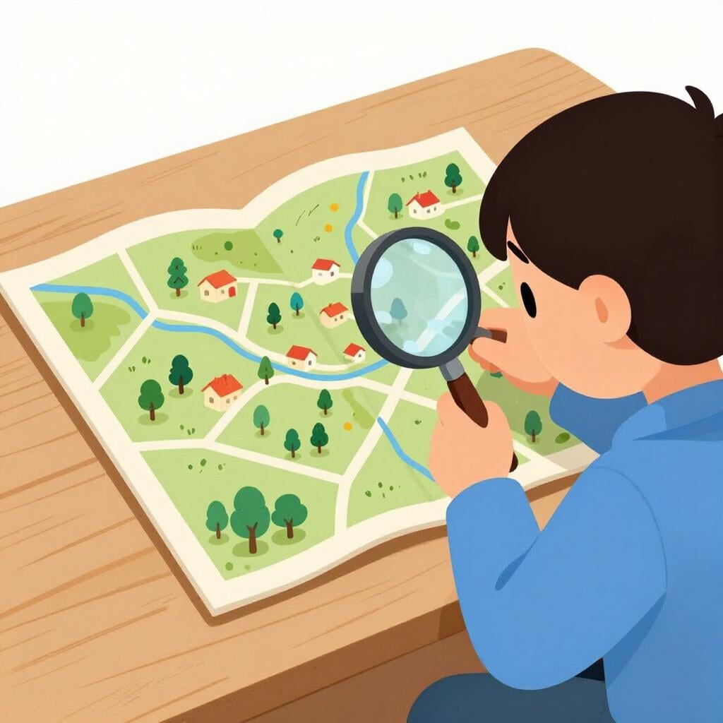 Una persona seduta a una scrivania con una lente d'ingrandimento, che guarda attentamente una mappa dettagliata e colorata con molte piccole caratteristiche nascoste.