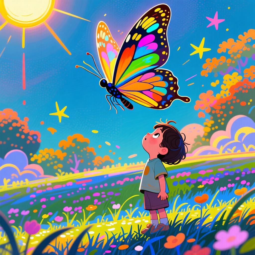 A small child stands in a lush meadow, looking up with wide, surprised eyes at a magnificent, gigantic butterfly flying just above the grass.