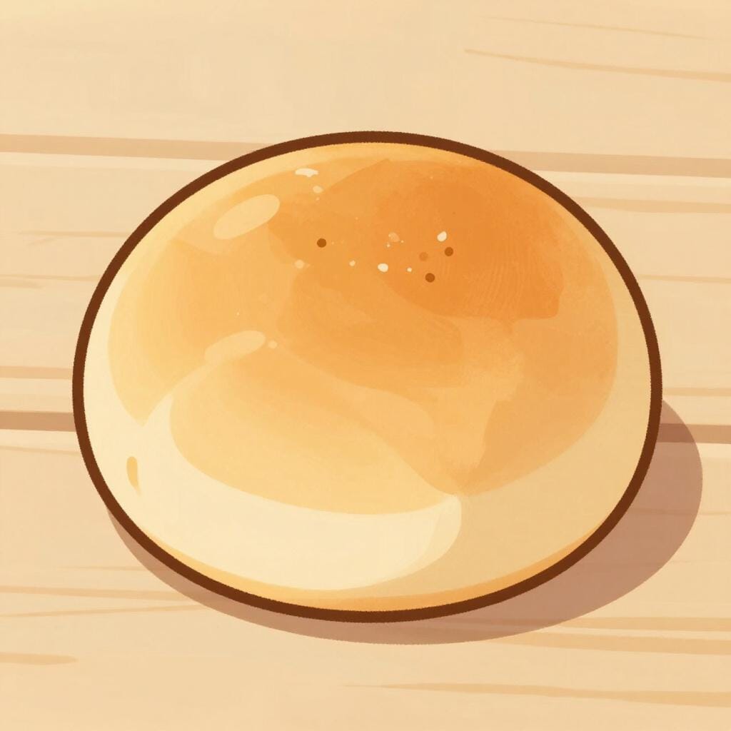 A golden-brown baked bun sitting on a wooden table.