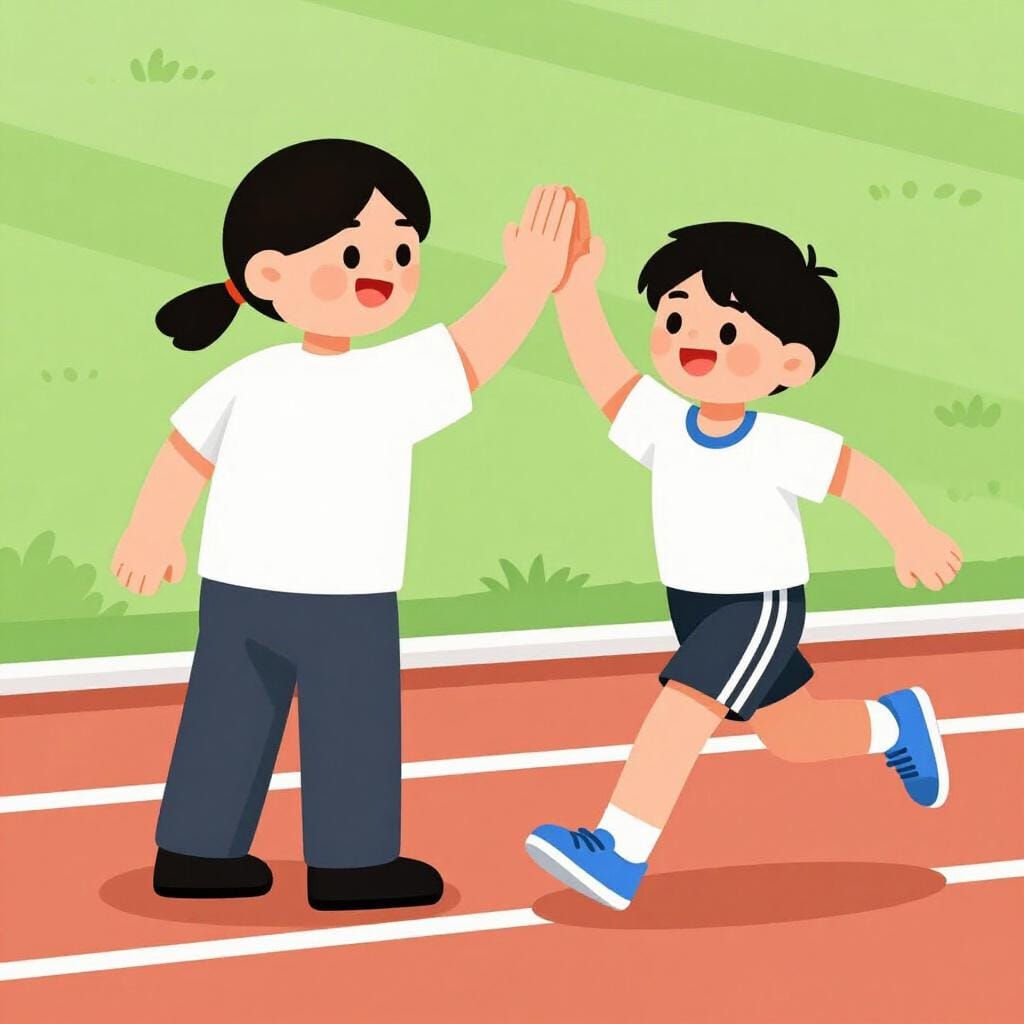 A coach cheering and giving a high-five to a young runner at a track.