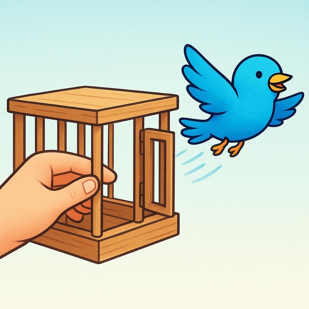 Una mano umana che apre la porta di una piccola gabbia di legno, permettendo a un uccello azzurro brillante di volare fuori, simboleggiando 'tu liberi'.