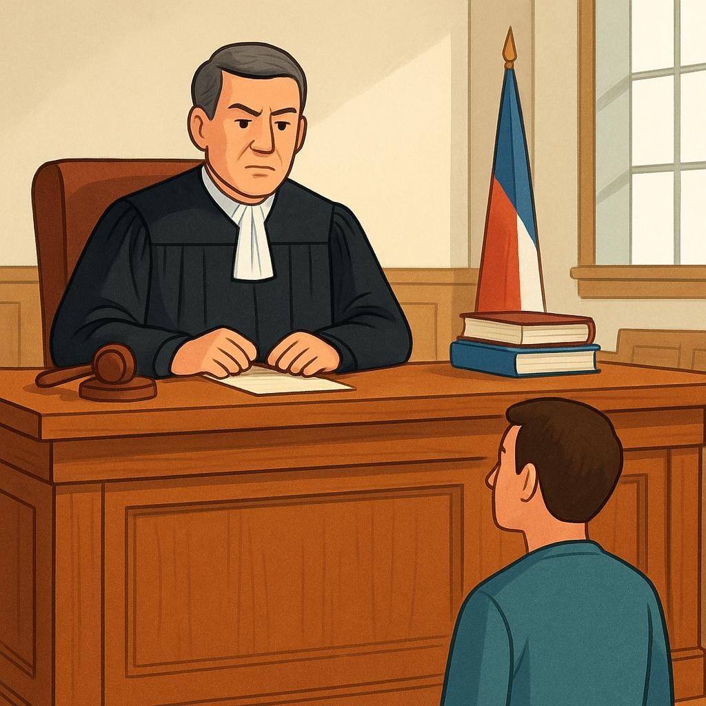 A solemn judge in black robes seated behind a large wooden bench, looking intently at an individual standing formally before them.