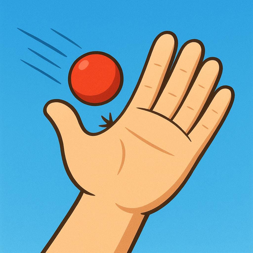 A simple storybook illustration showing a large open hand successfully catching a fast-moving red ball mid-air against a bright blue background, symbolizing the act of catching.