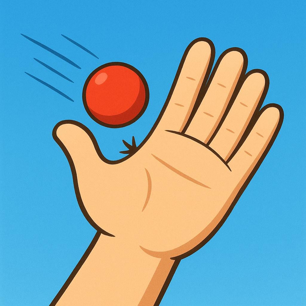 A simple storybook illustration showing a large open hand successfully catching a fast-moving red ball mid-air against a bright blue background, symbolizing the act of catching.