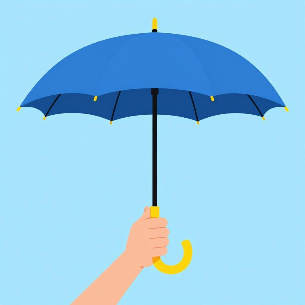 A close-up of a hand firmly gripping the handle of a colorful umbrella.
