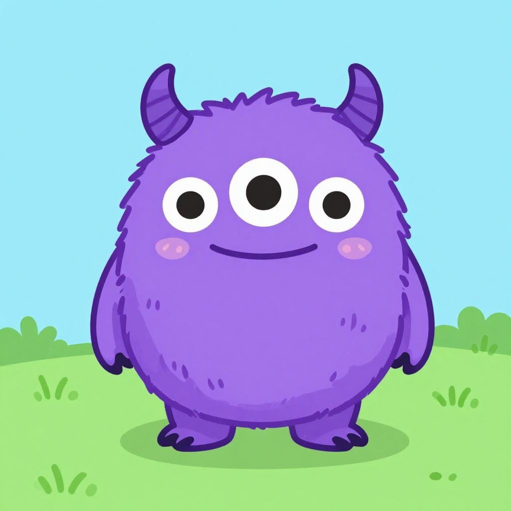 A friendly but slightly scary purple monster with three eyes and tiny horns.