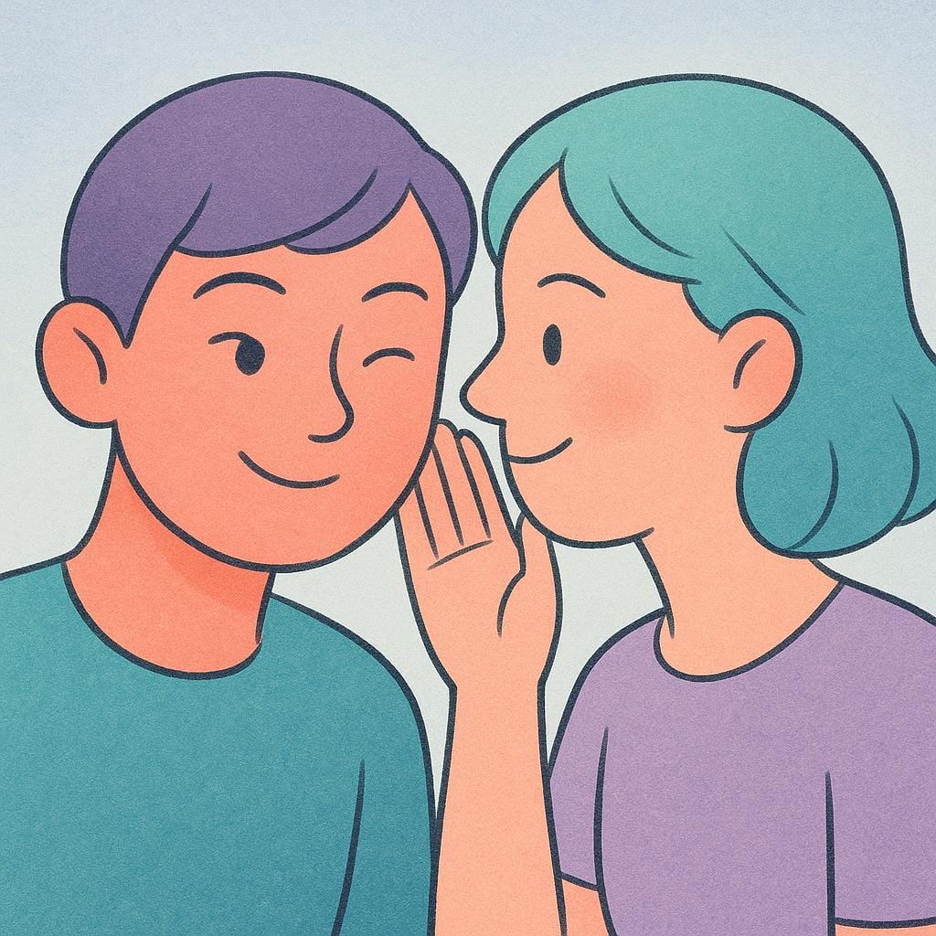 Uma ilustração de livro de histórias mostrando um close-up de duas figuras estilizadas compartilhando um segredo. Uma figura está piscando de forma conspiratória enquanto a outra sorri com conhecimento, significando um entendimento compartilhado.