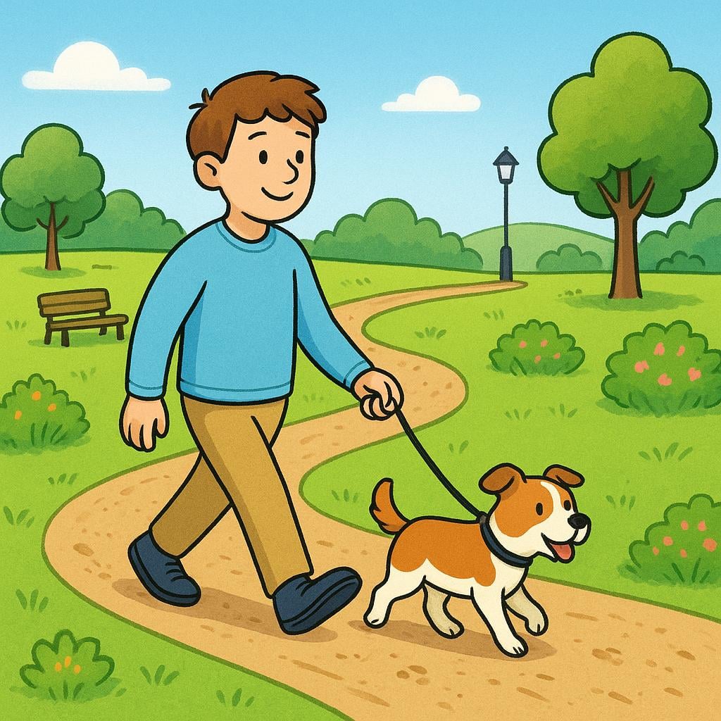 A storybook illustration showing a character performing a routine action. A smiling person walks a small, happy dog along a well-worn, familiar dirt path in a bright, colorful park.