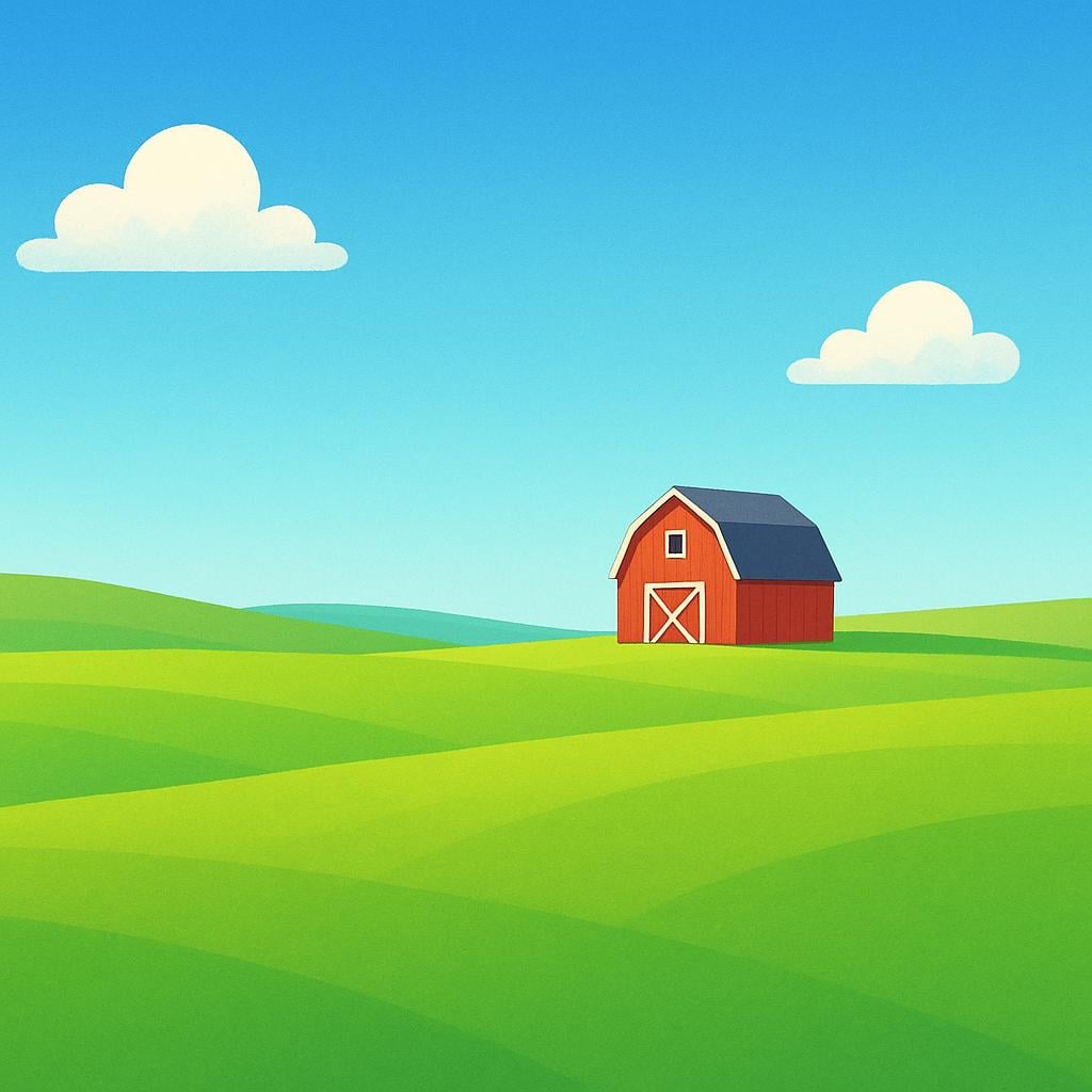 A vast, open green field stretching to the horizon, representing the countryside, with a small red barn visible in the distance.