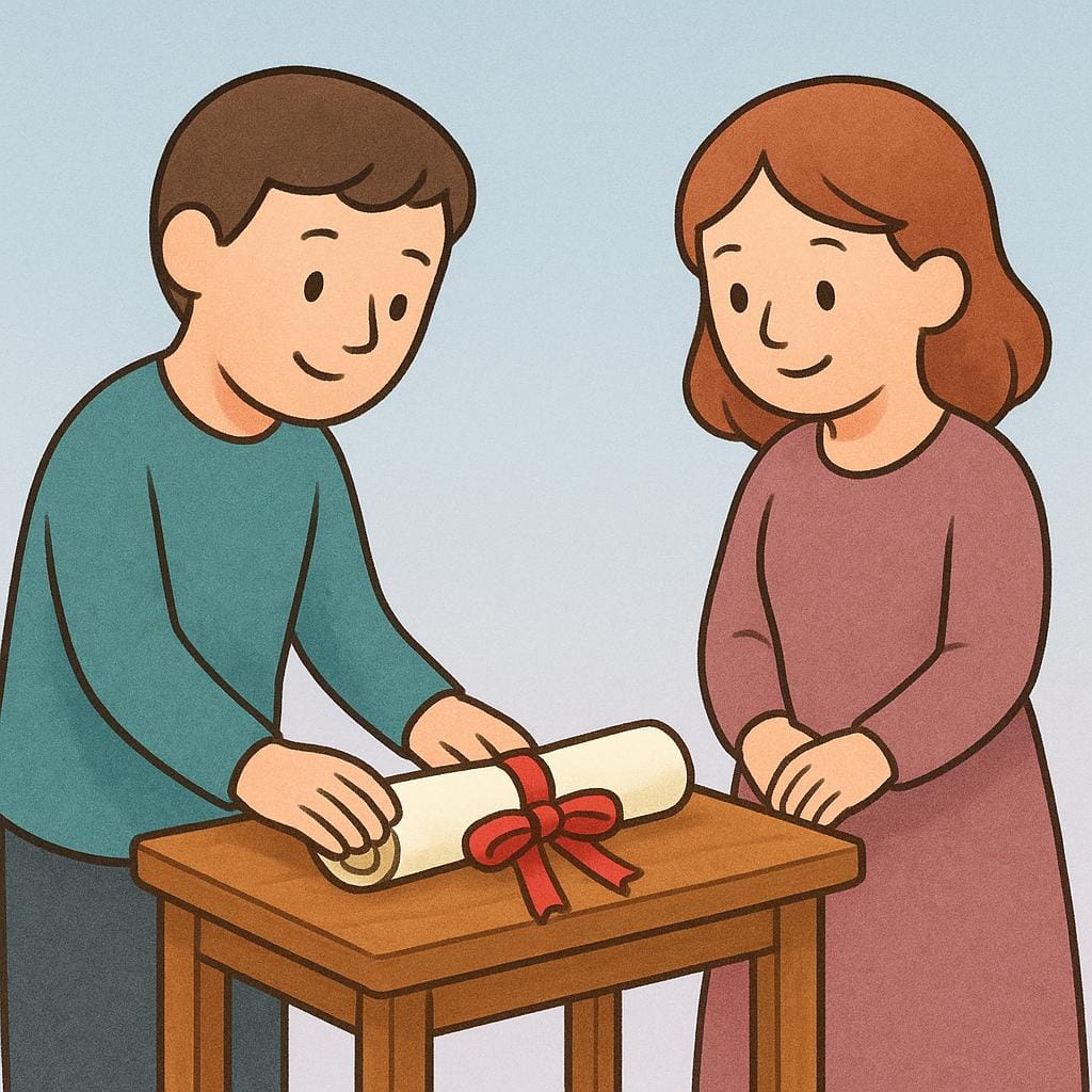 Duas personagens simplificadas apertando as mãos sobre uma pequena mesa. Uma personagem está colocando um pequeno documento enrolado e de aparência importante sobre a mesa, simbolizando uma obrigação cumprida.