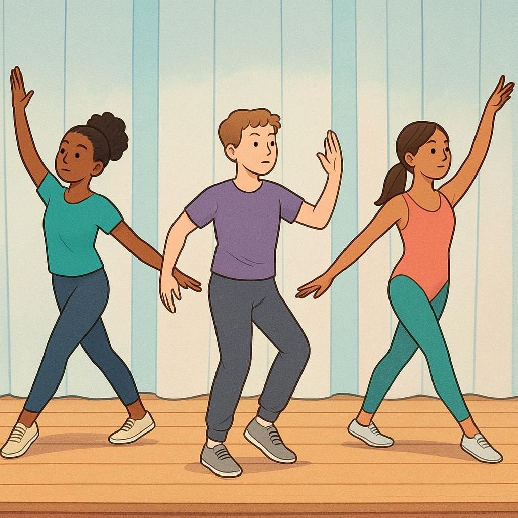 Three performers in casual clothing practicing a synchronized dance routine on a simple wooden stage.