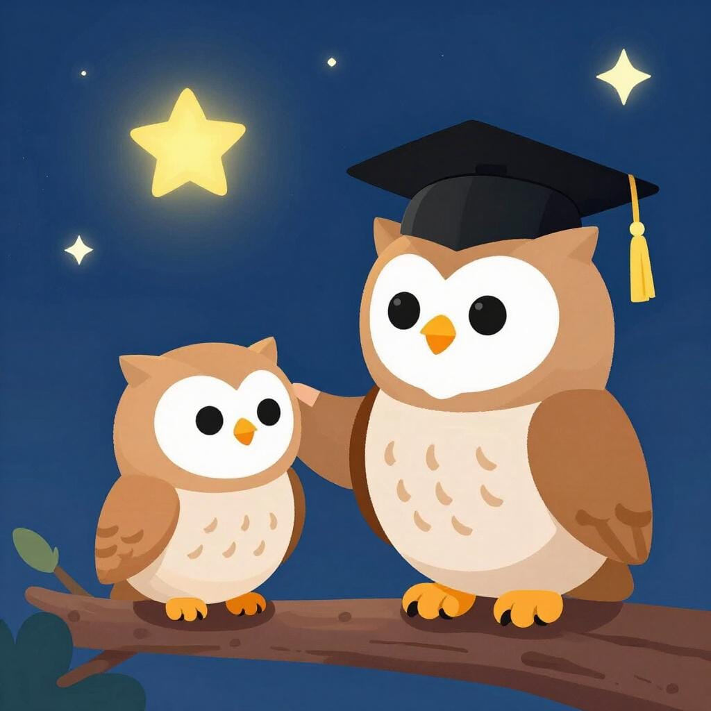 Une chouette âgée et bienveillante portant un chapeau de diplômé, guidant une chouette plus jeune et plus petite sur une branche.