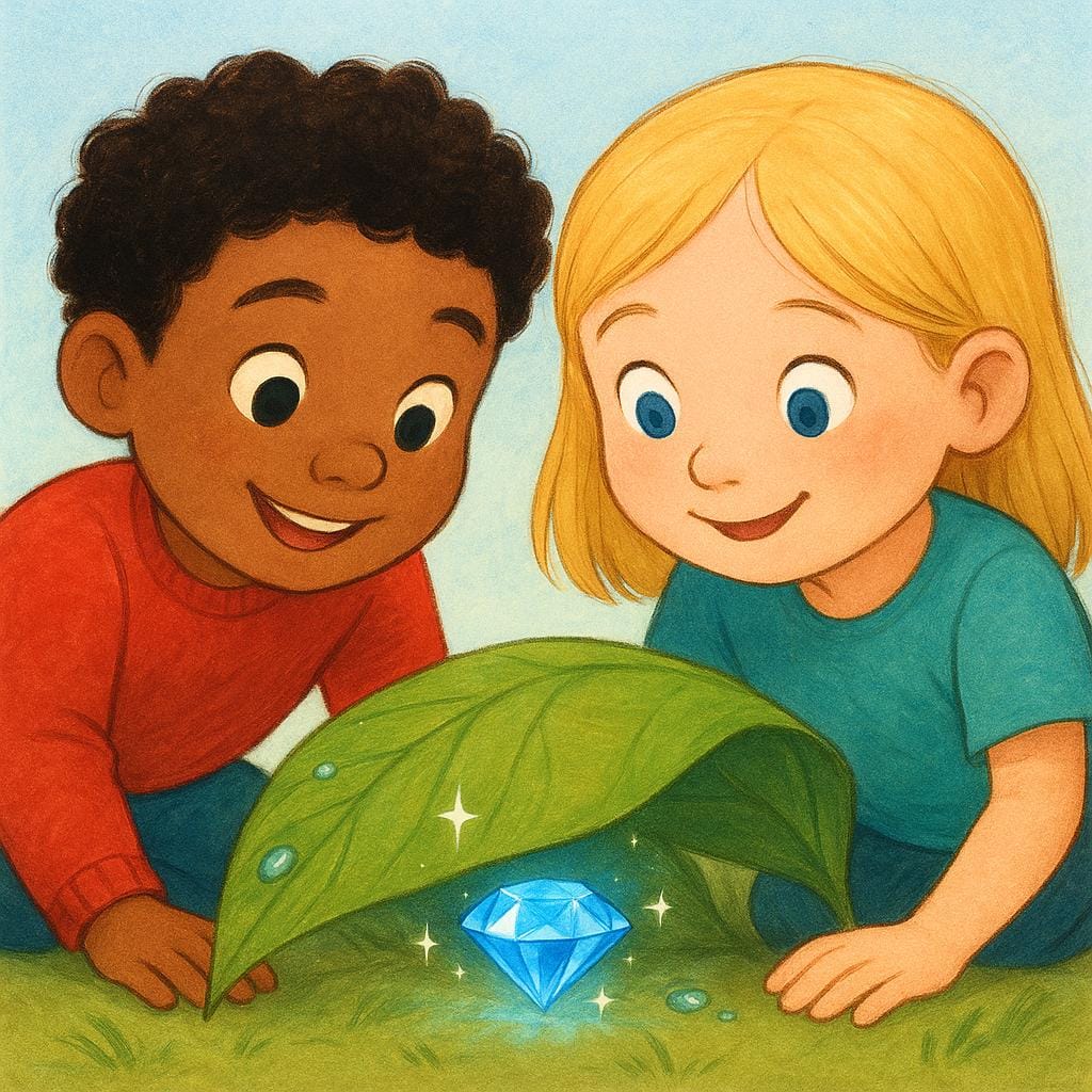 Two smiling children looking excited as they simultaneously uncover a small, glittering object hidden beneath a large green leaf in a lush, colorful forest.