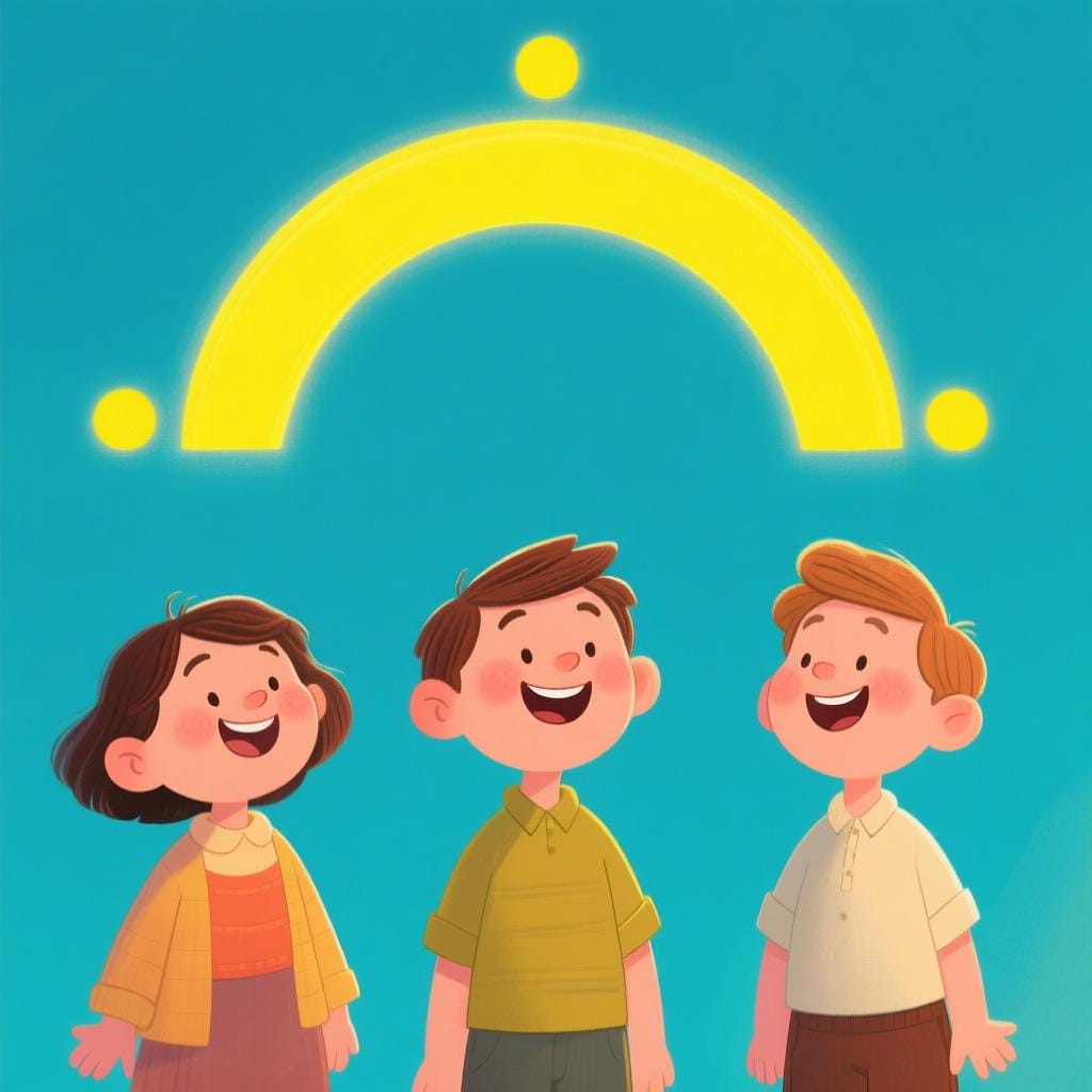Three cartoon figures of slightly varying heights standing together under a rising sun symbolizing the years they possess.