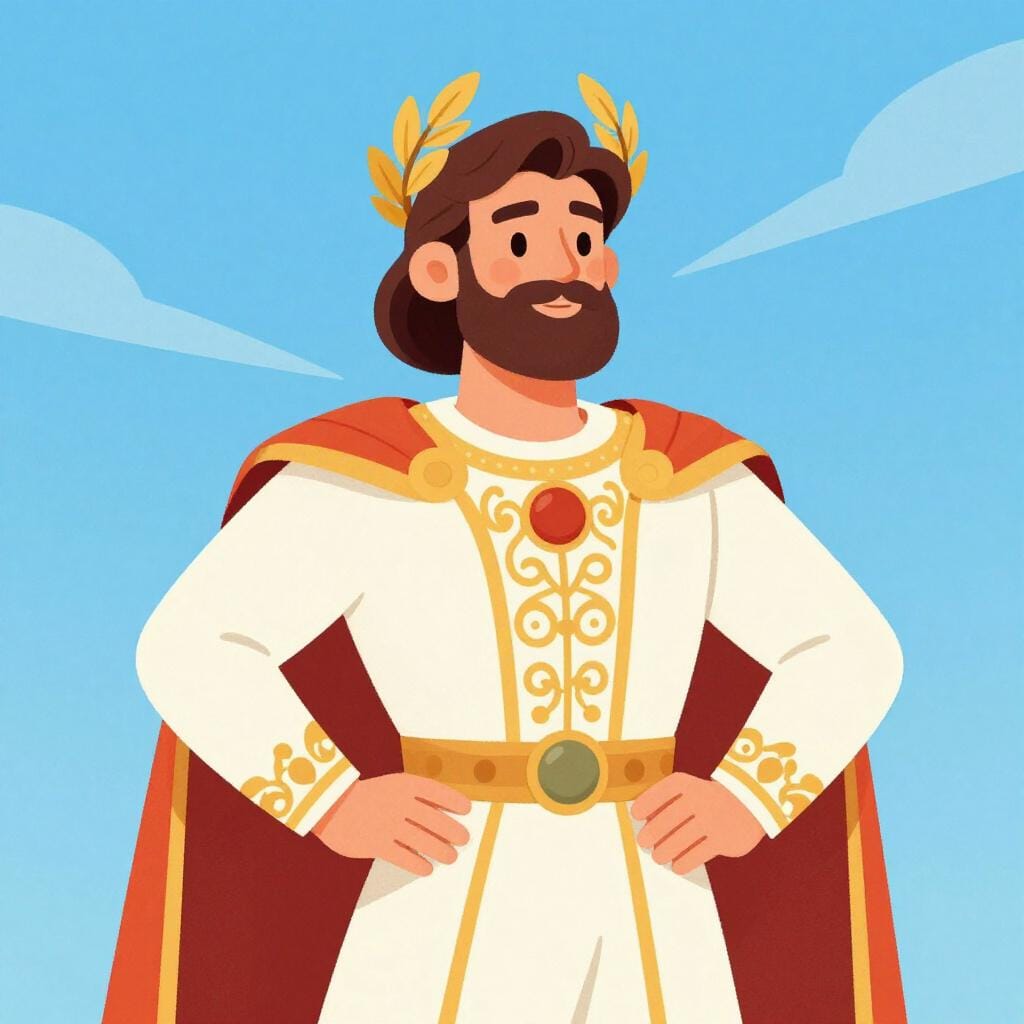 A noble figure in elegant historical robes standing proudly on a balcony with a laurel wreath on their head.