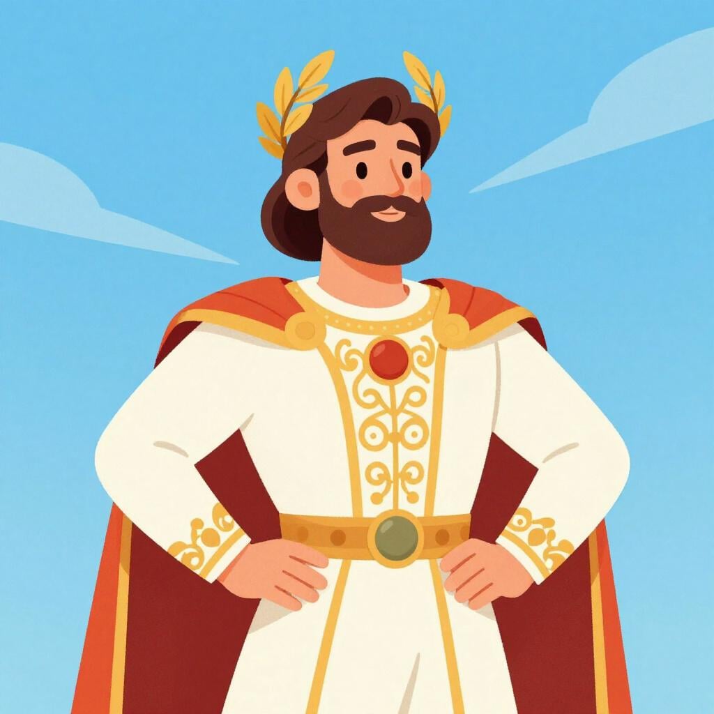 A noble figure in elegant historical robes standing proudly on a balcony with a laurel wreath on their head.