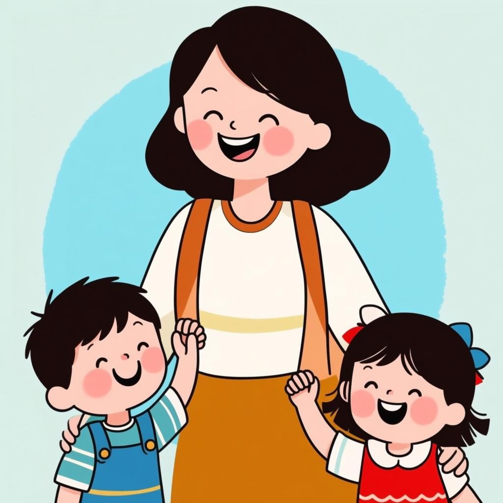 A colorful illustration of a smiling adult holding the hands of two small, happy children, one boy and one girl, symbolizing the general meaning of children.