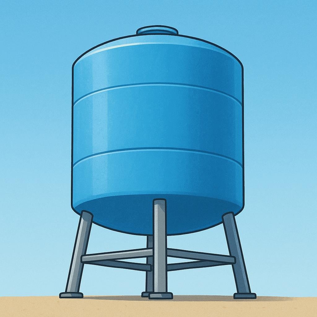 A large, simple blue cylindrical water storage tank standing on four metal legs against a clear blue sky.