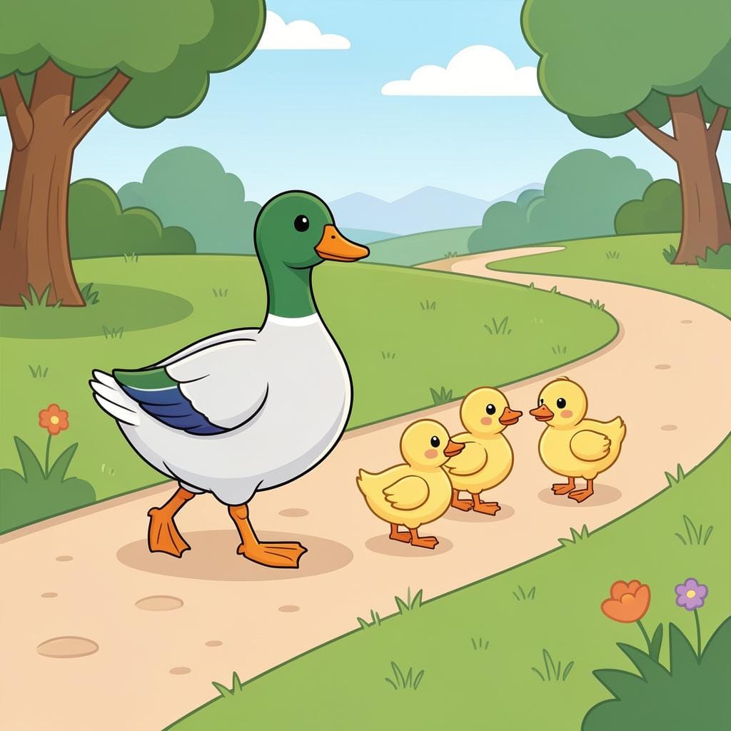 Une ligne de trois adorables canetons colorés marchant en ligne droite derrière une mère canard plus grande à travers de l'herbe verte.