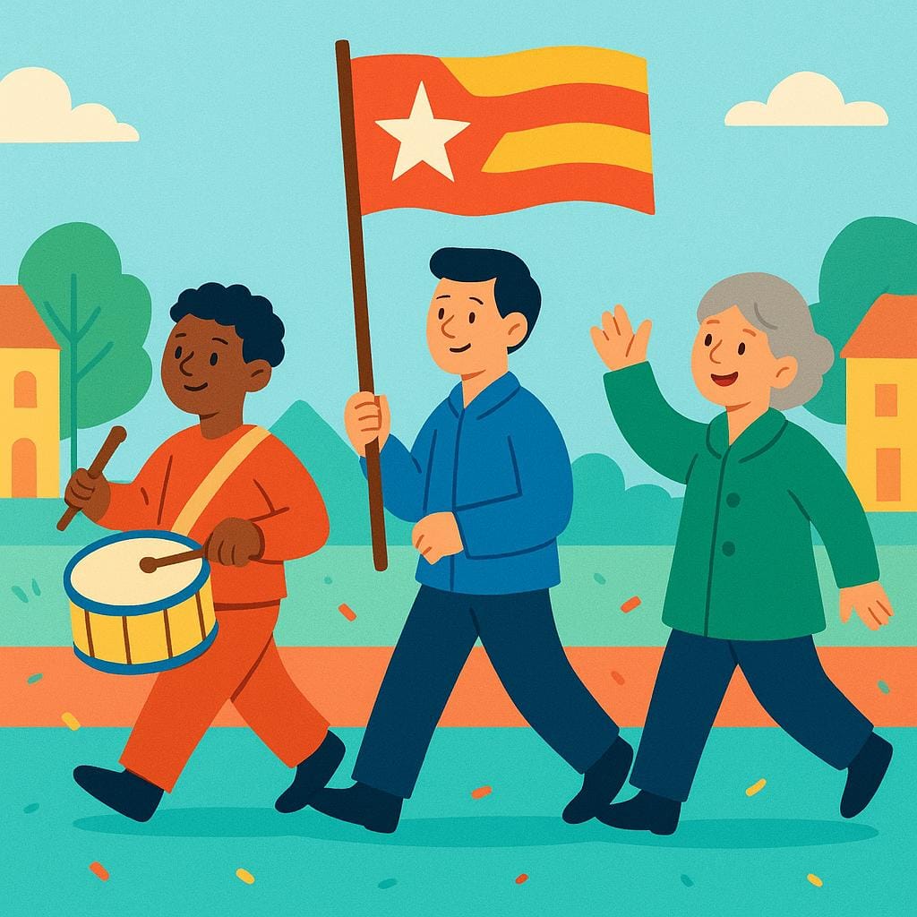 A colorful illustration of a festive procession with figures marching and holding musical instruments and flags.