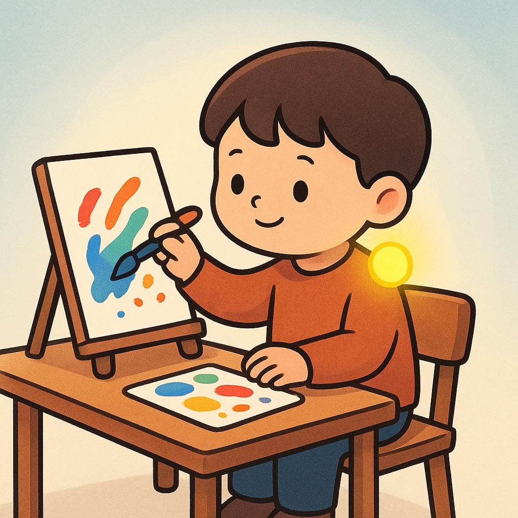 A simplified character sitting at a desk. A bright yellow glowing orb touches their shoulder, causing the character to immediately pick up a paintbrush and start painting a vibrant picture.